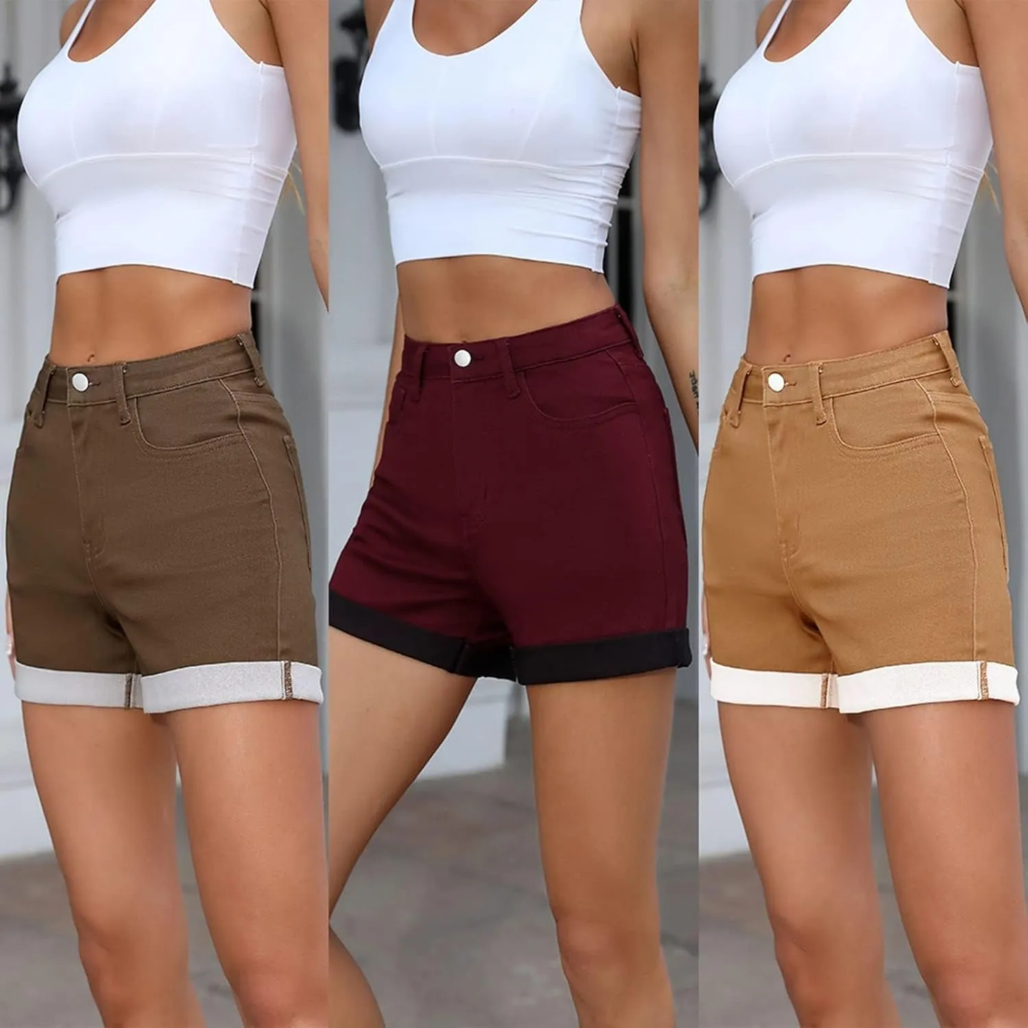 Summer Jean Shorts Womens High Waisted,Stretch Slim Fit High Waisted Jean Shorts,Folded Hem Candy Colors