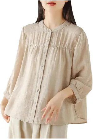 Summer Linen Work Tops for Women Vintage Button Down Plus Size V Neck Collared Blouse Casual 3/4 Sleeve T Shirts