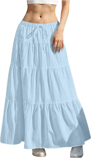 Summer Skirt for Women Solid Color Fashion Drawstring High Waist Ruffle Tiered Skirts Casual Loose Flowy Boho Skirt