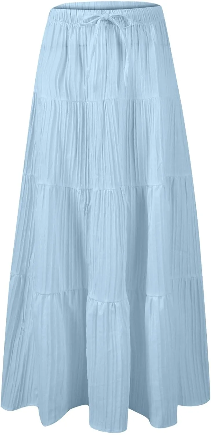 Summer Skirt for Women Solid Color Fashion Drawstring High Waist Ruffle Tiered Skirts Casual Loose Flowy Boho Skirt