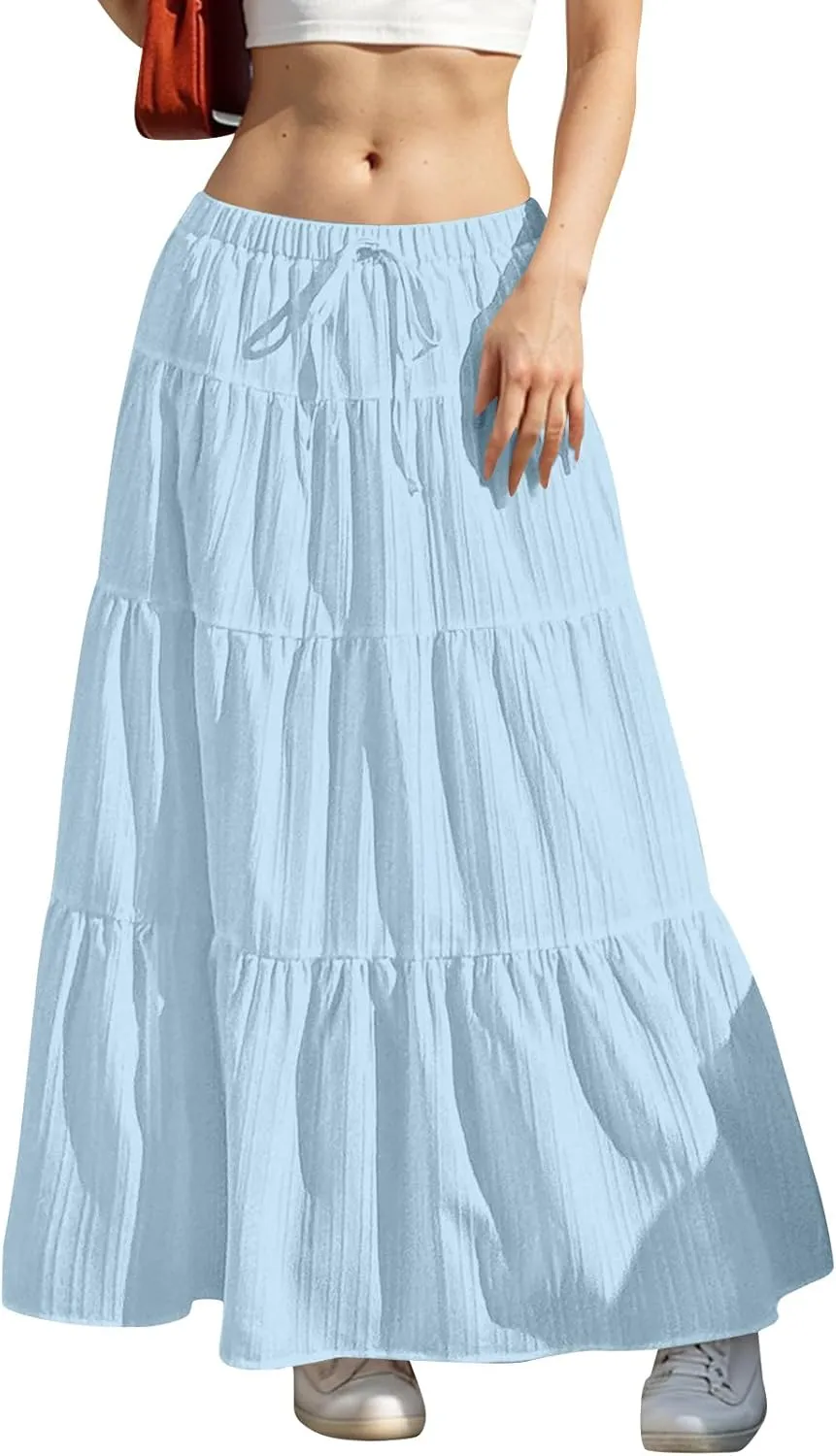 Summer Skirt for Women Solid Color Fashion Drawstring High Waist Ruffle Tiered Skirts Casual Loose Flowy Boho Skirt