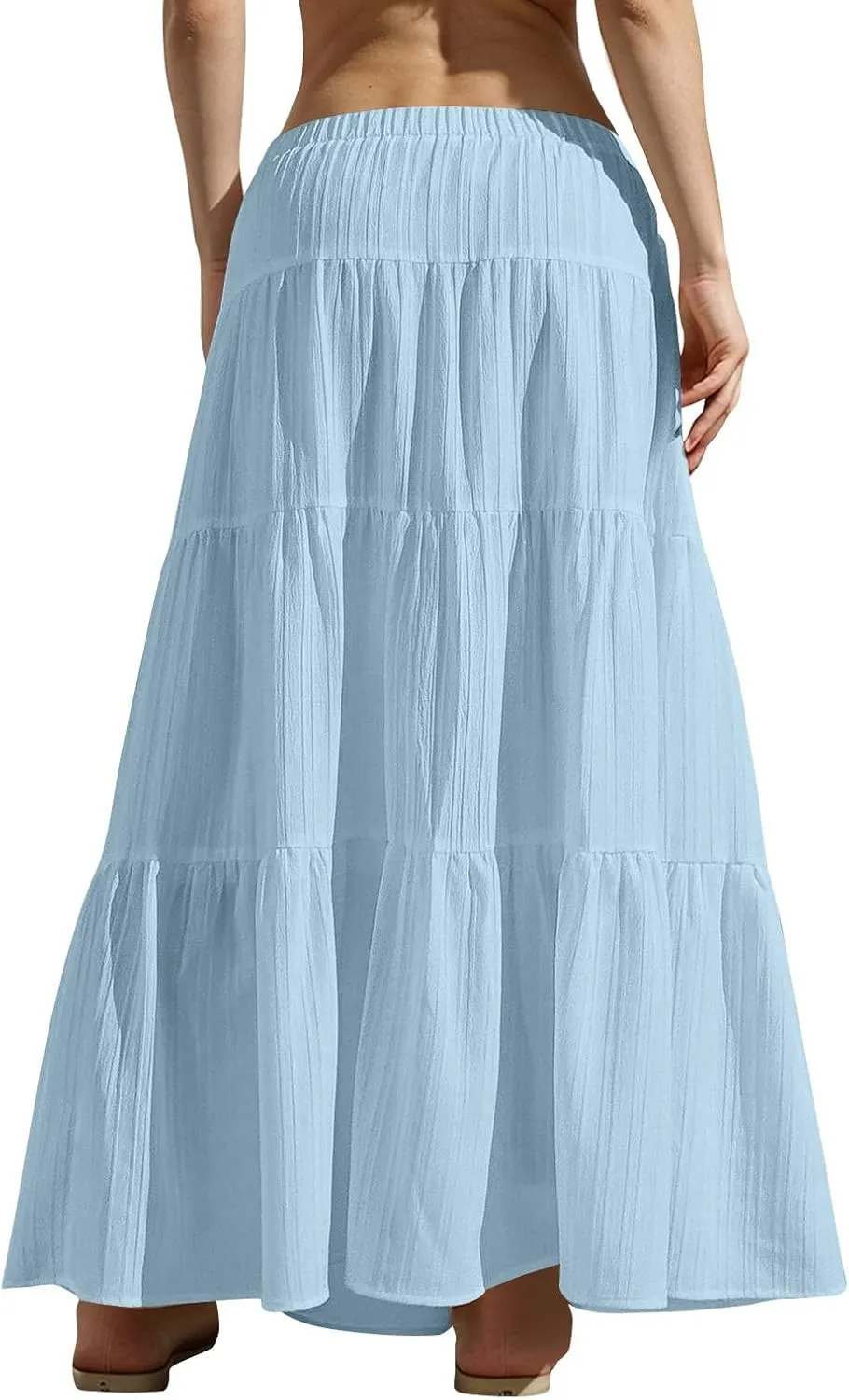 Summer Skirt for Women Solid Color Fashion Drawstring High Waist Ruffle Tiered Skirts Casual Loose Flowy Boho Skirt