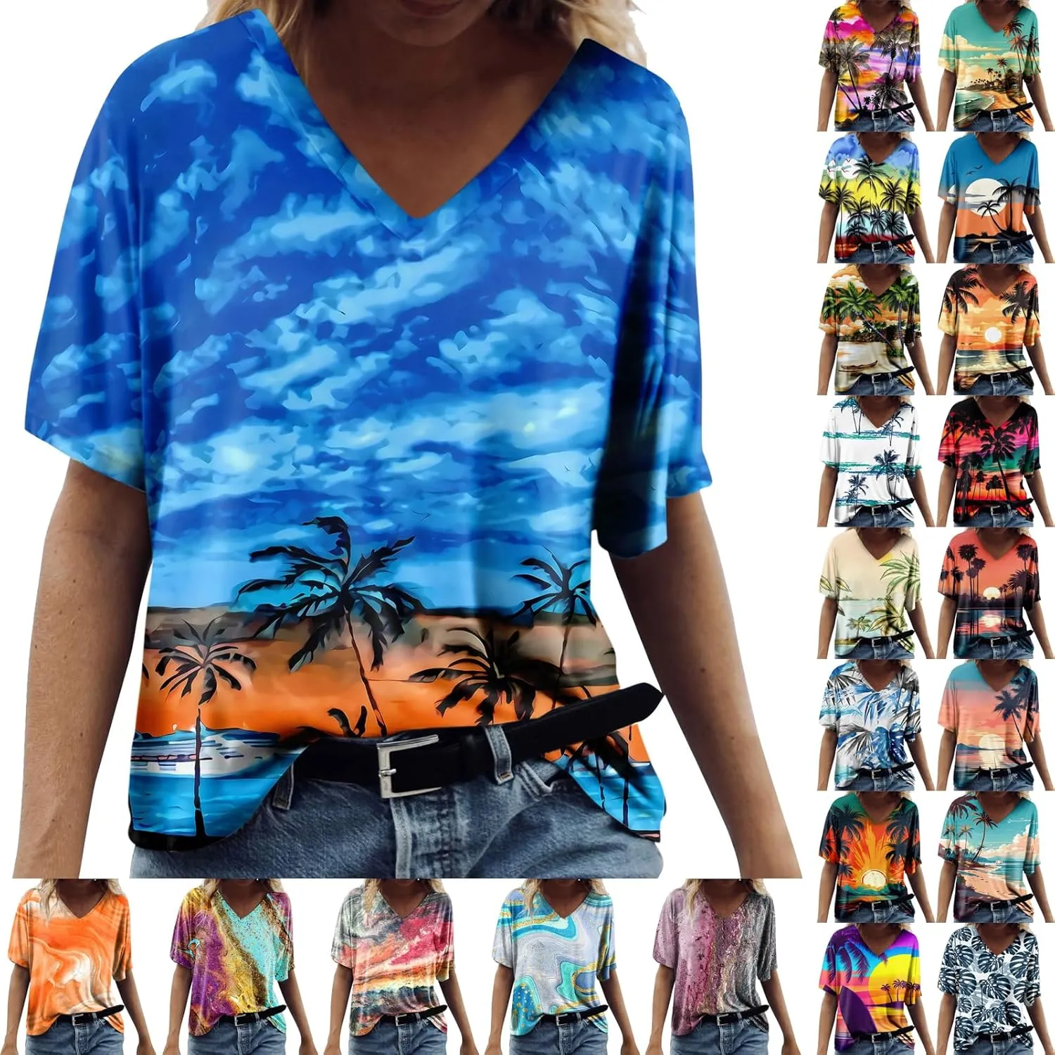 Summer Tops for Women 2024 Short Sleeve Tropical Print V Neck Hawaiian Shirt Holiday Novelty Partys Oversized Tshirts