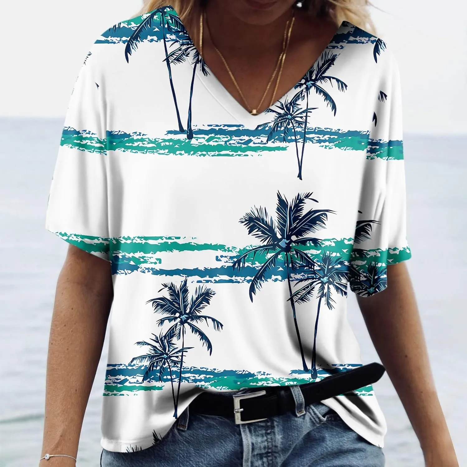 Summer Tops for Women 2024 Short Sleeve Tropical Print V Neck Hawaiian Shirt Holiday Novelty Partys Oversized Tshirts