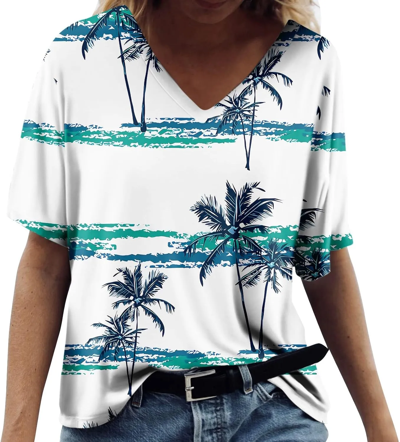Summer Tops for Women 2024 Short Sleeve Tropical Print V Neck Hawaiian Shirt Holiday Novelty Partys Oversized Tshirts