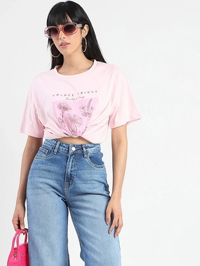 Eco friendly materials Madame Graphic Foil Print Handwork Detail Pink Cotton T-shirt
