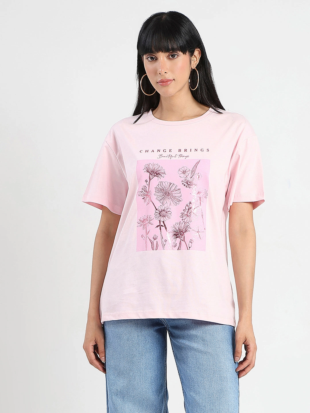 Madame Graphic Foil Print Handwork Detail Pink Cotton T-shirt Slim Silhouette Essential layering piece