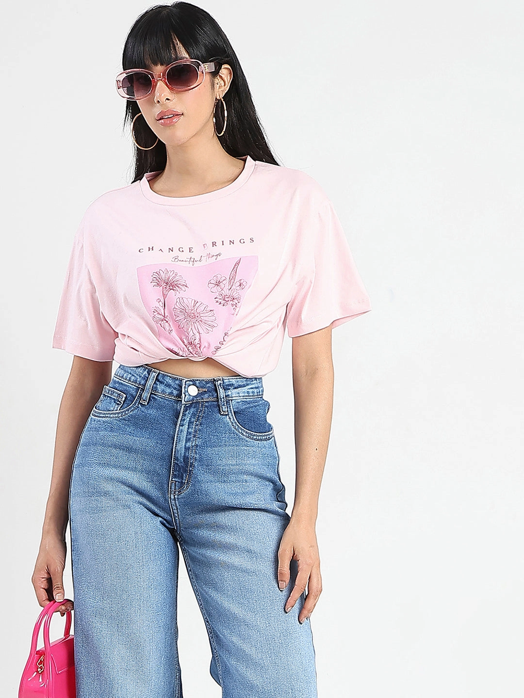 Eco friendly materials Madame Graphic Foil Print Handwork Detail Pink Cotton T-shirt