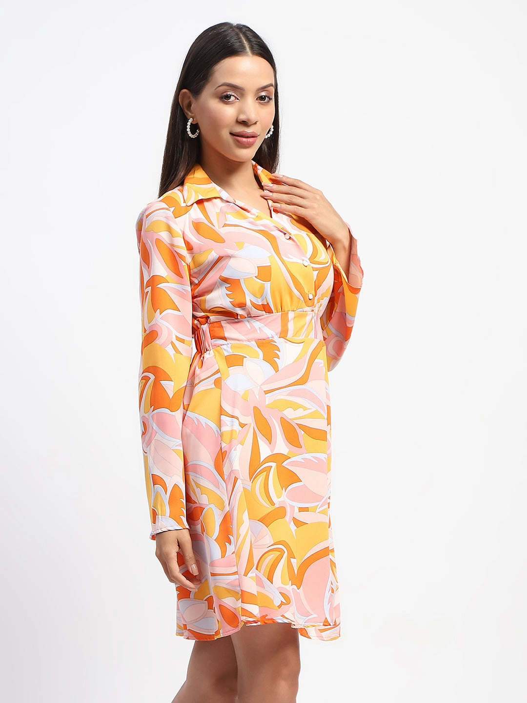 Madame Cinch Waist Abstract Print Bell Sleeves Orange Dress Modern Fit Statement-Buttons
