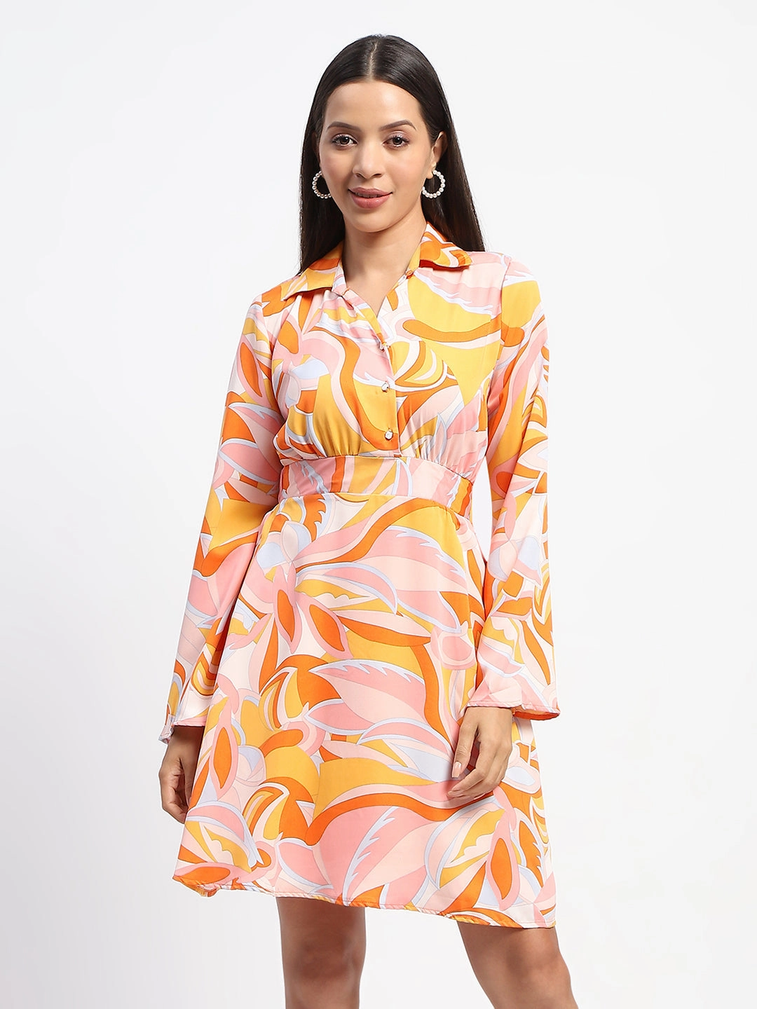 Madame Cinch Waist Abstract Print Bell Sleeves Orange Dress Fall Inspired Breeze Flow
