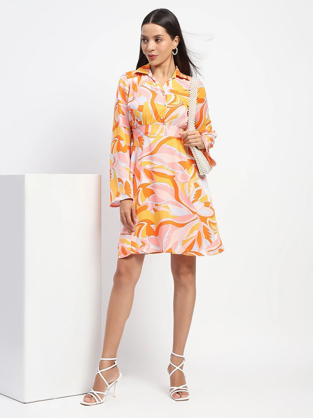 Madame Cinch Waist Abstract Print Bell Sleeves Orange Dress Light Volume