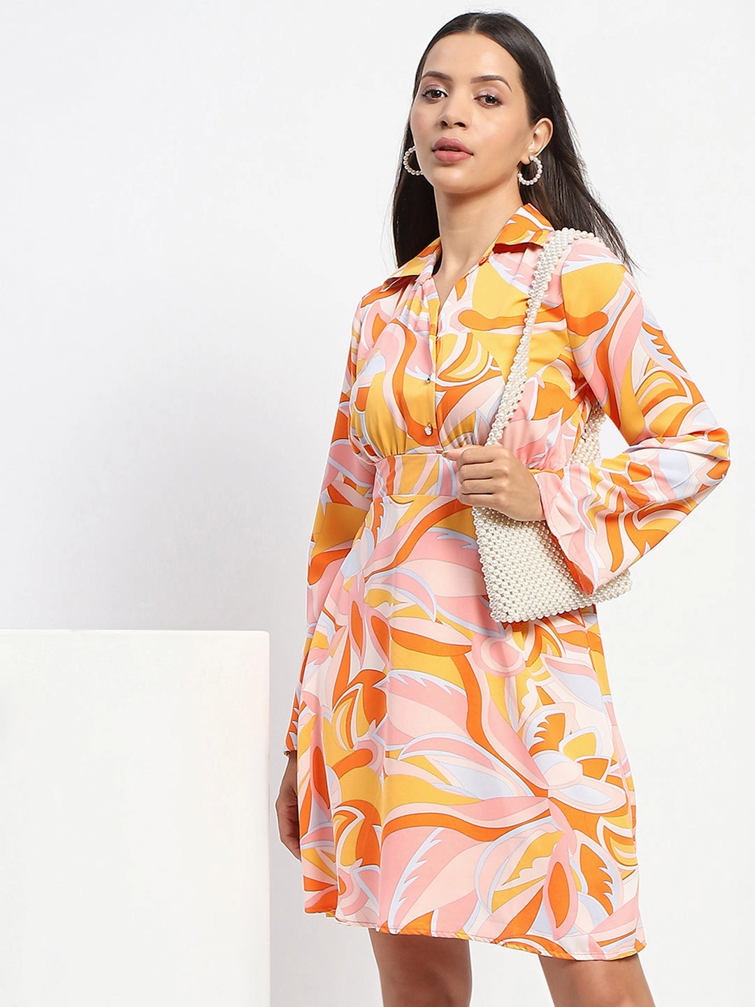 Madame Cinch Waist Abstract Print Bell Sleeves Orange Dress Korean Mood Vacation Outfit