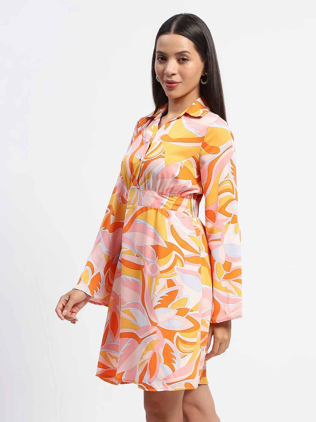 Madame Cinch Waist Abstract Print Bell Sleeves Orange Dress Polished Motion Smart Waistband Design