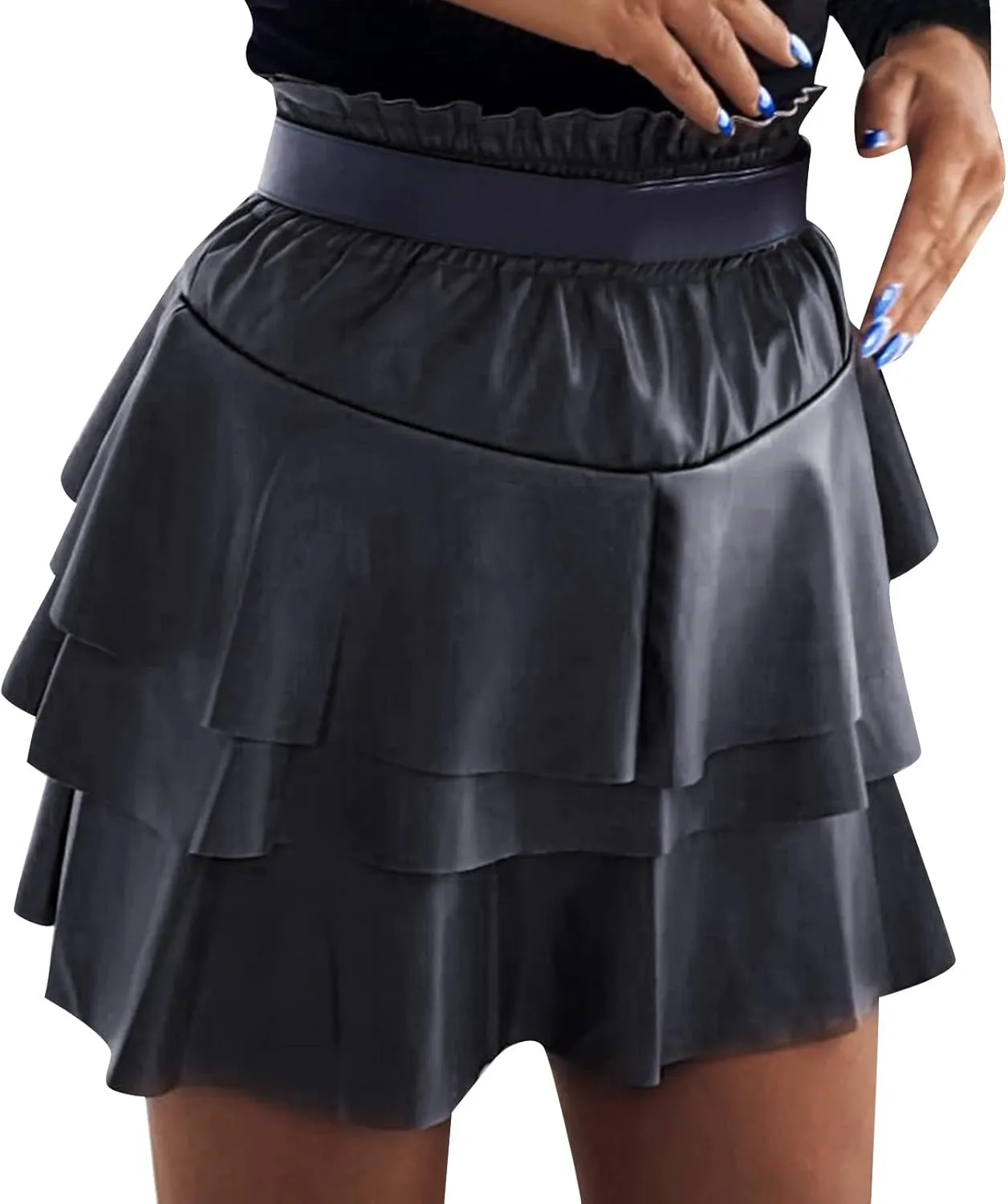 SummerDresses for Women 2023 Women Leather Skirts High Waist Mini Skirt Ruffles Pleated Cheer Cake Skirt Vintage