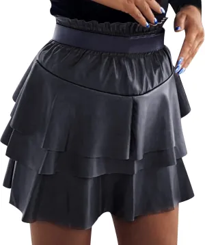 SummerDresses for Women 2023 Women Leather Skirts High Waist Mini Skirt Ruffles Pleated Cheer Cake Skirt Vintage