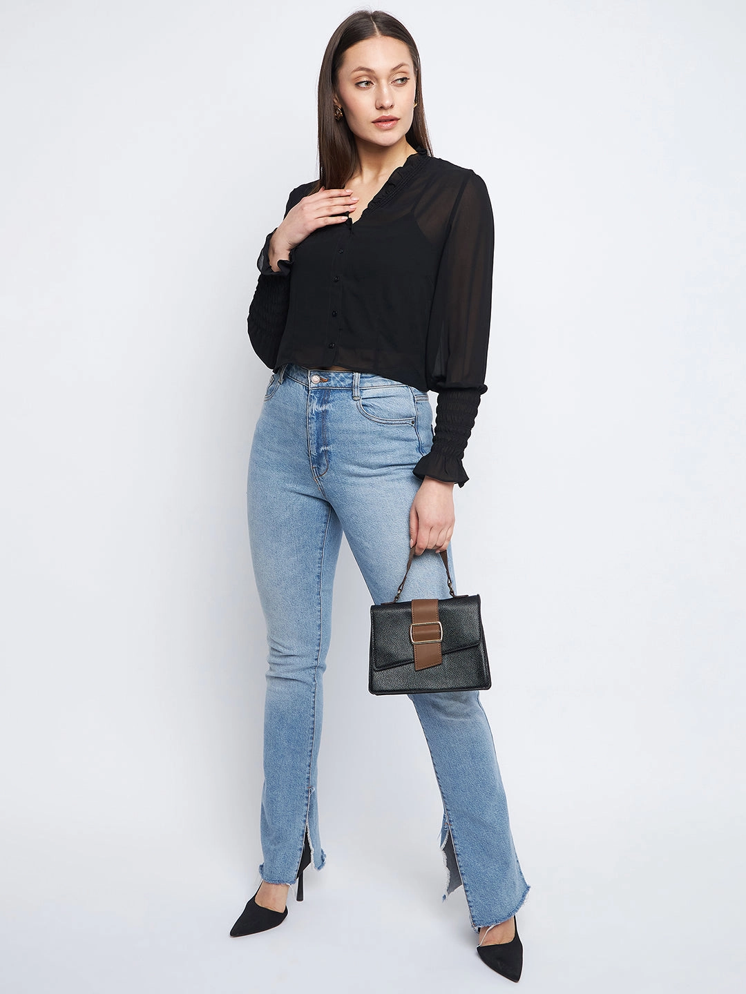 WeightedHem Madame Ruched Black Poet Sleeve Top