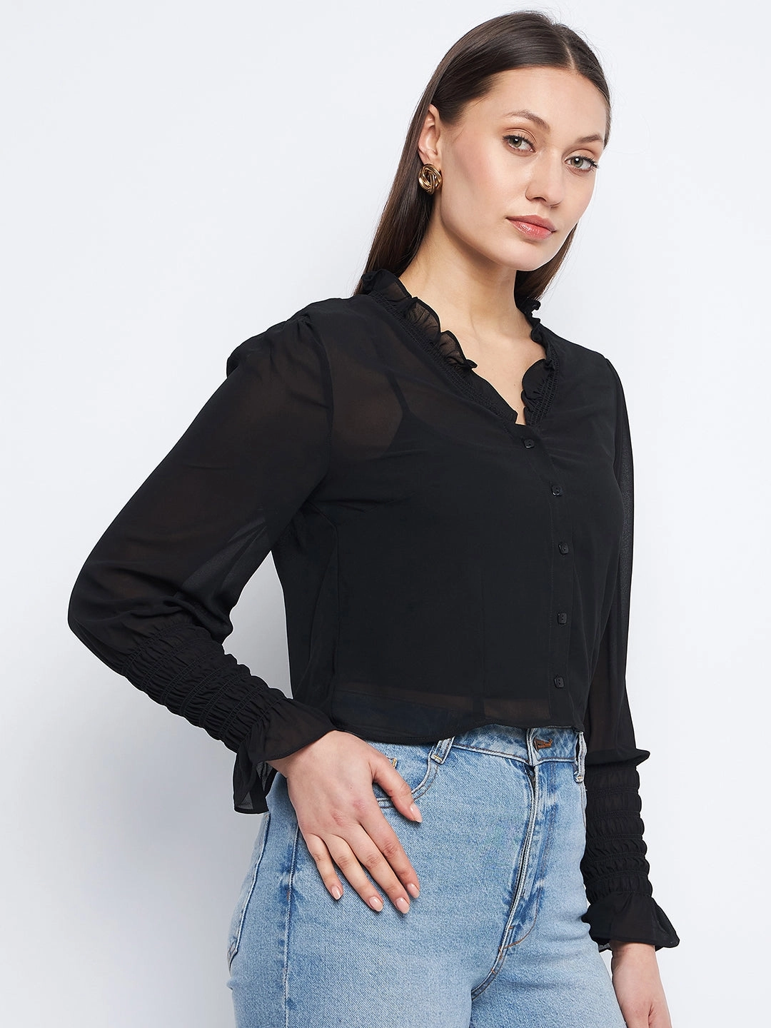 MultiPanelBreathability Wind Resistant Fabric Madame Ruched Black Poet Sleeve Top