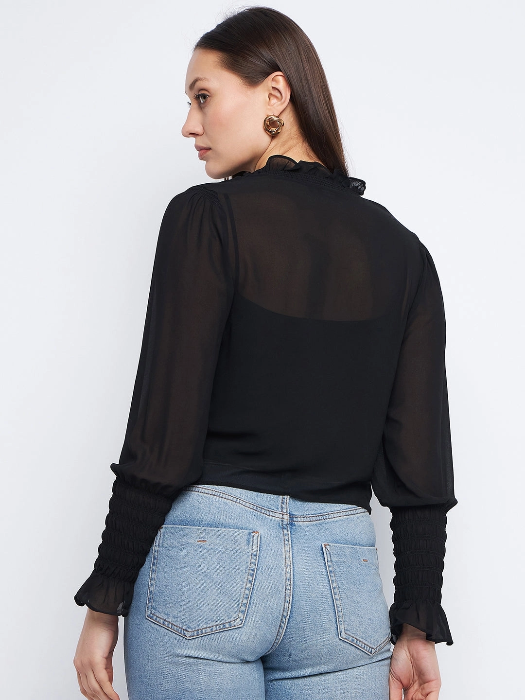 Circular Knit Technique Madame Ruched Black Poet Sleeve Top