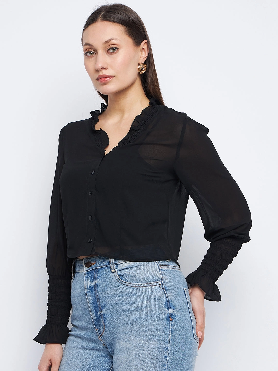 ButterSoft Handfeel Madame Ruched Black Poet Sleeve Top