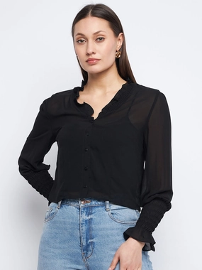 Madame Ruched Black Poet Sleeve Top Formal Tank