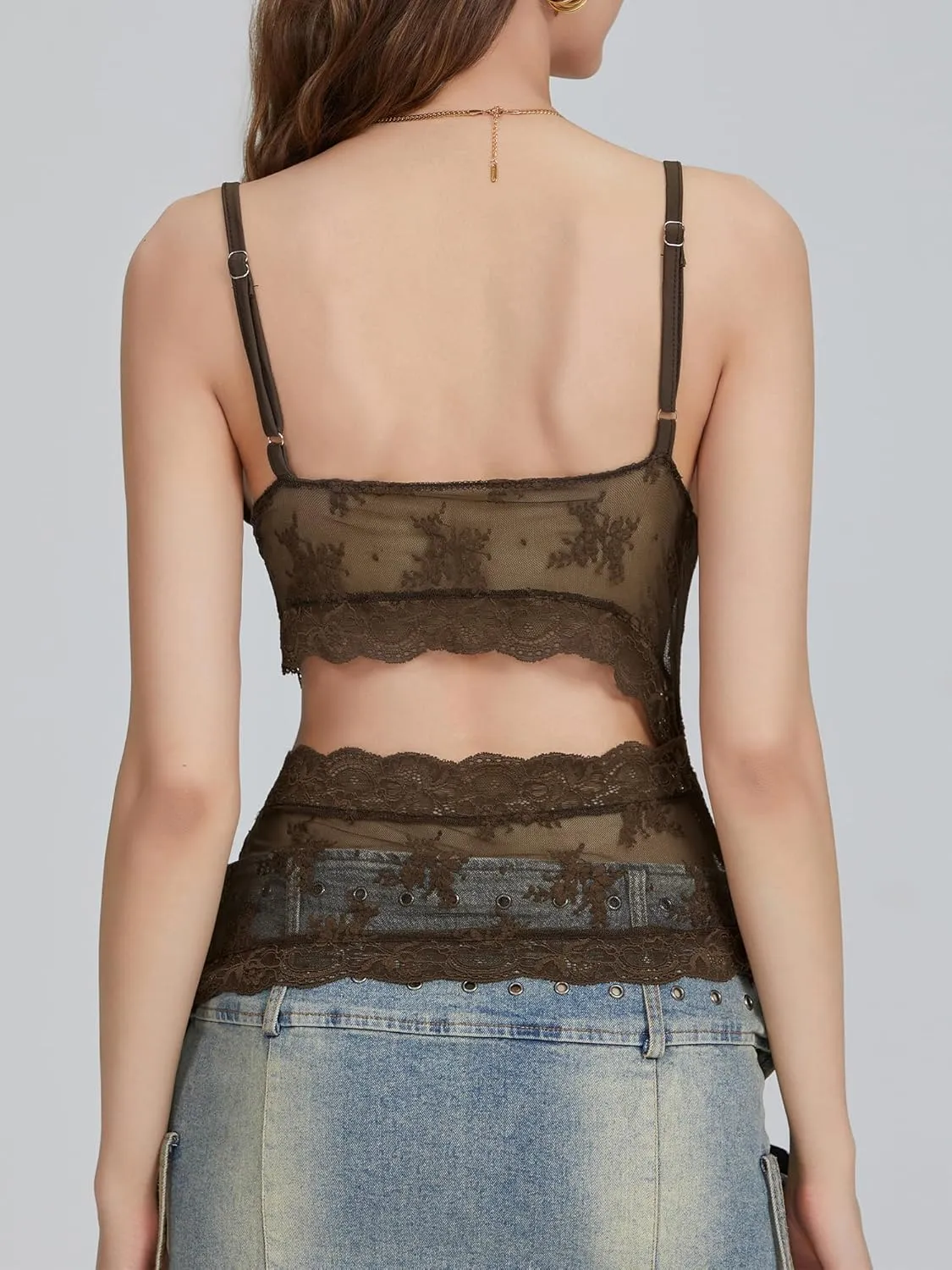 Sunloudy Women Lace Mesh Camisole Tops Y2k Sheer Sheer Spaghetti Strap Tank Top Sleeveless Slim Fit V Neck Cami Shirt