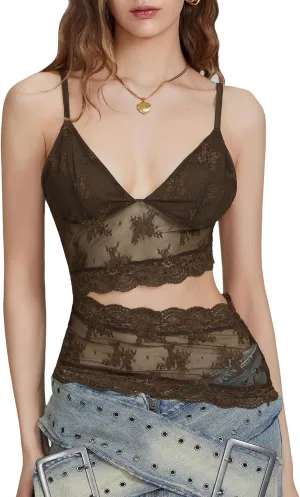Sunloudy Women Lace Mesh Camisole Tops Y2k Sheer Sheer Spaghetti Strap Tank Top Sleeveless Slim Fit V Neck Cami Shirt