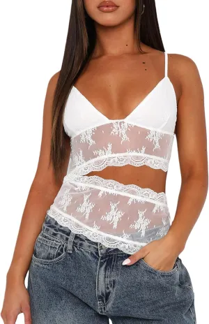 Sunloudy Women Lace Mesh Camisole Tops Y2k Sheer Sheer Spaghetti Strap Tank Top Sleeveless Slim Fit V Neck Cami Shirt