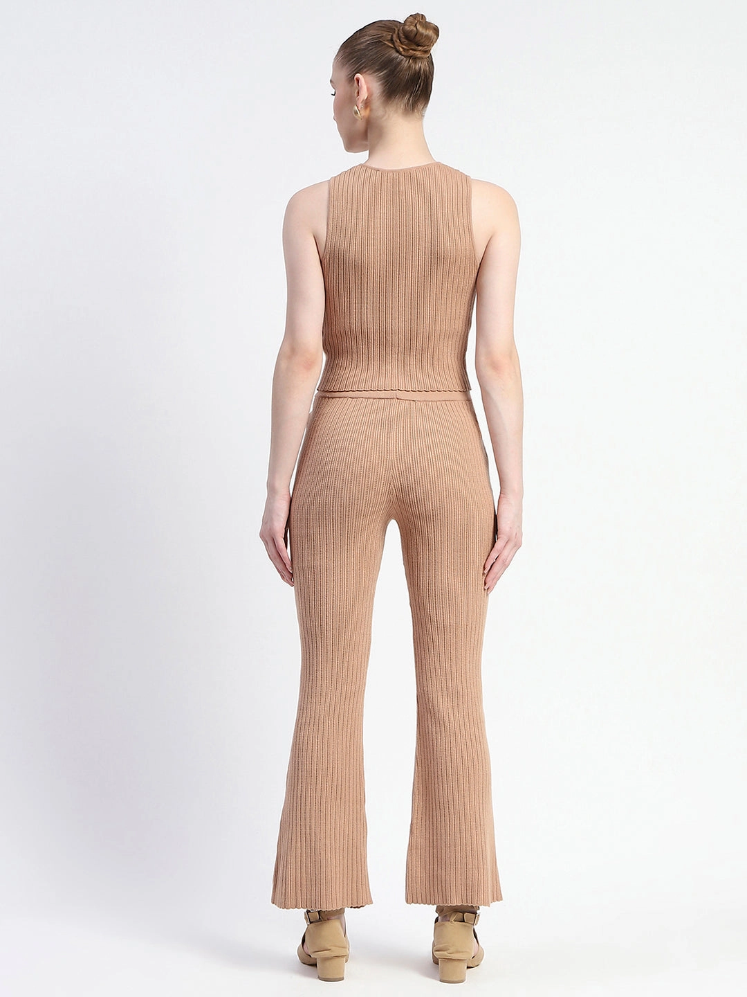 Light Shape Layered-Sleeve Madame Sleeveless Drawstring Detailed Top And Bottom Brown Co-Ord Set