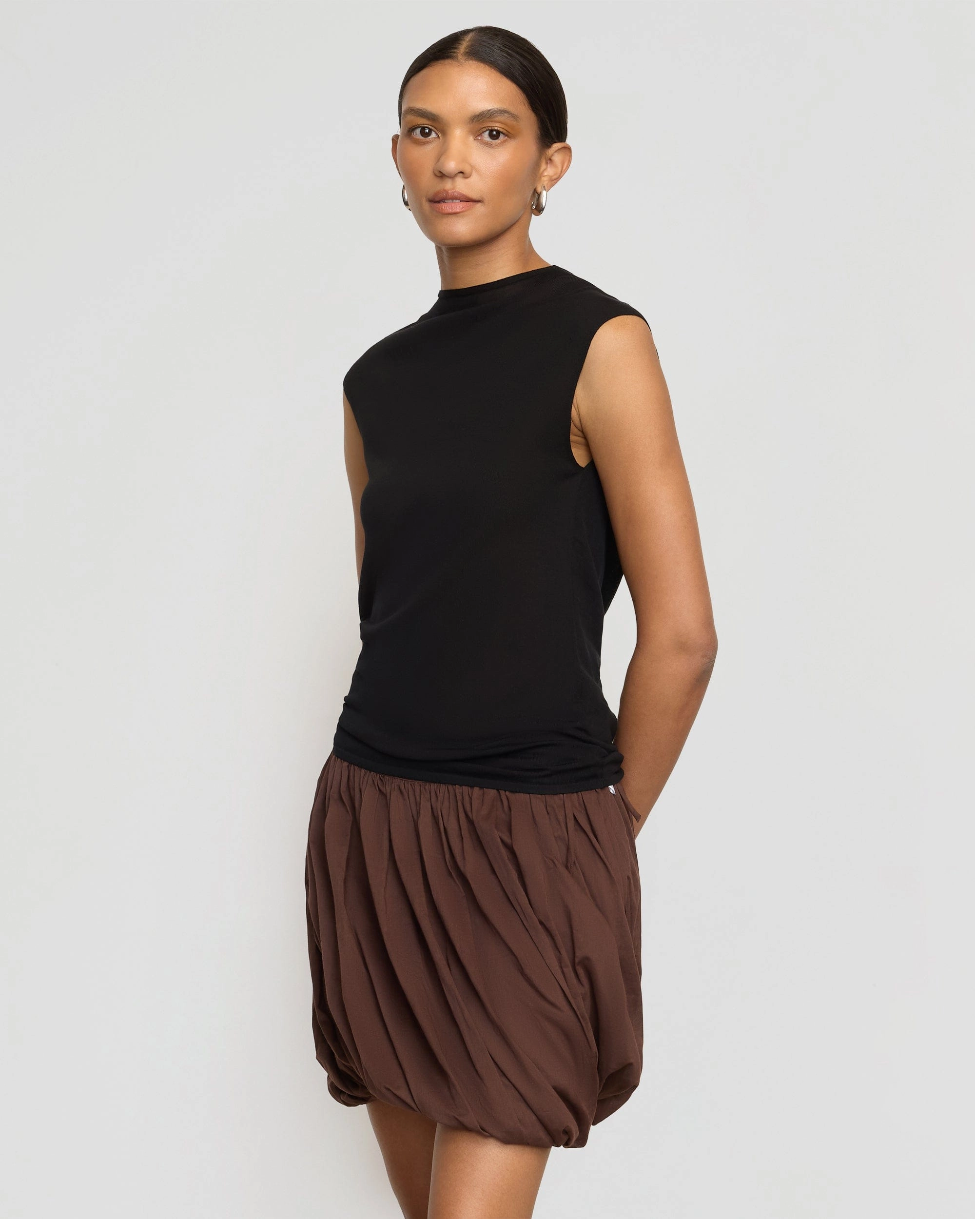 Vallo Semi-Sheer Cowl-Back Knit Blouse SleevelessOption SoftBrushed