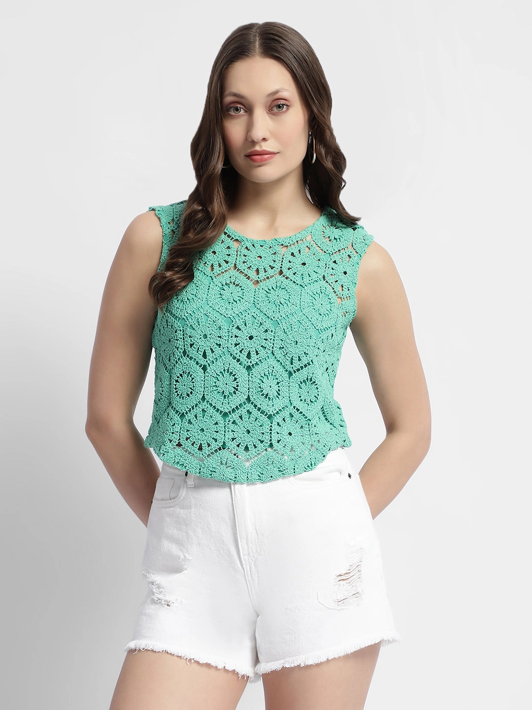 Madame Sleeveless Turquoise Green Crochet Top Relaxed Tee