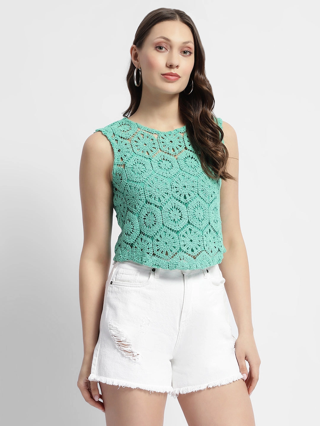 Trendy Sweater Adjustable Shoulder Straps Madame Sleeveless Turquoise Green Crochet Top