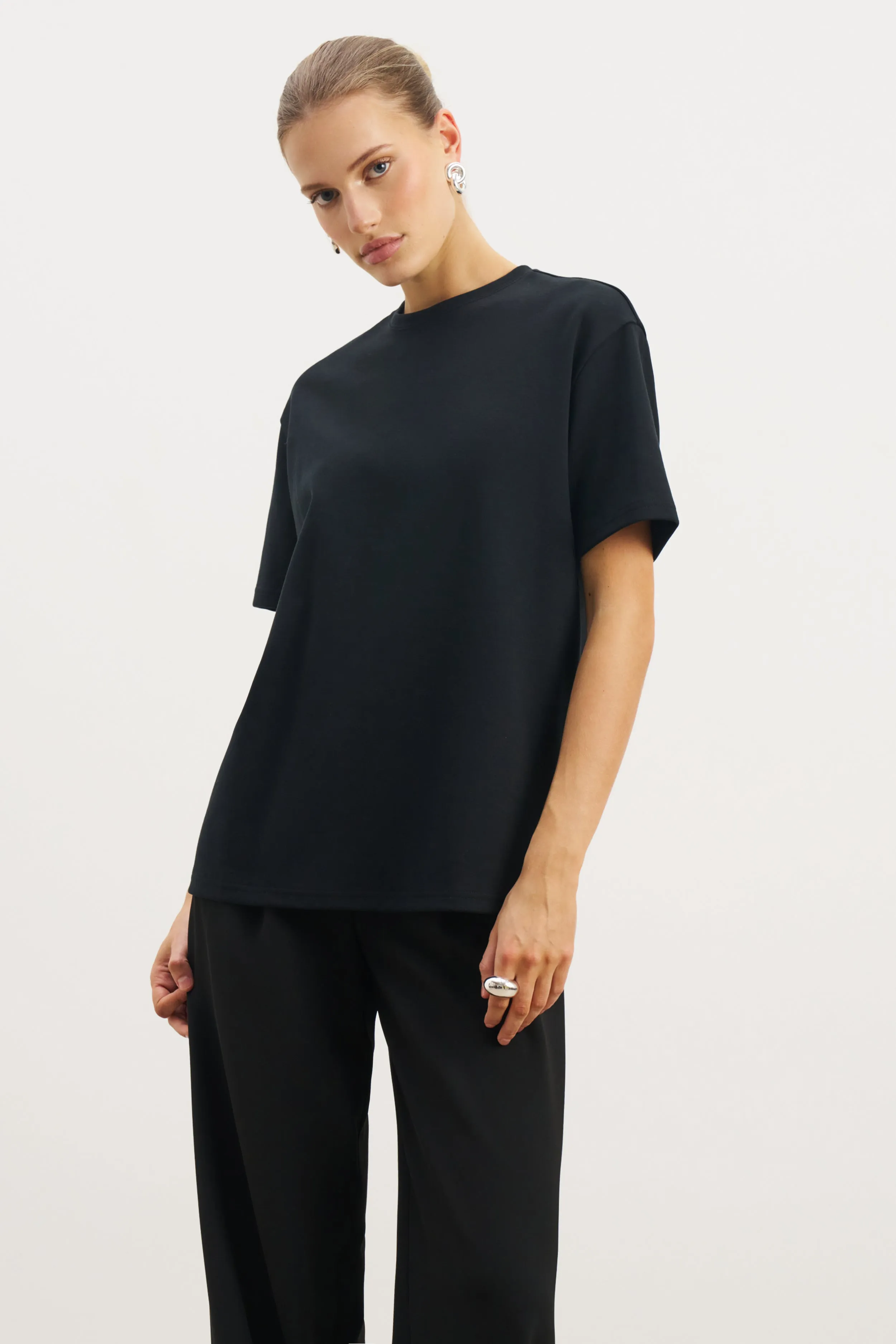 DoubleNeedle Stitching Oversized T Shirt - Black