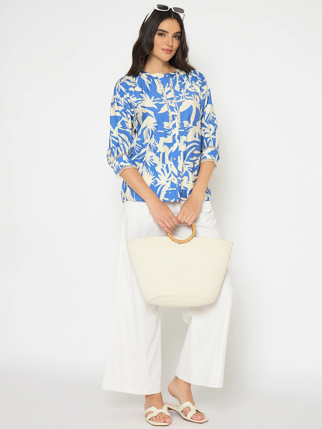 Madame Wide Leg White Rayon Blend Trousers Roll Up Sleeve System