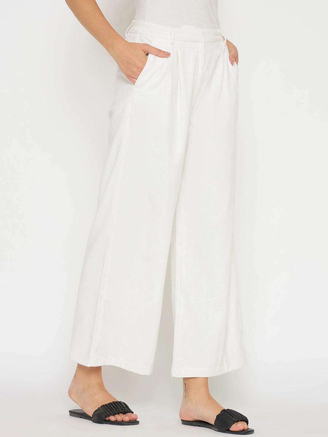 Madame Wide Leg White Rayon Blend Trousers Multi Way Adjustable Fit FourWay Stretch Fabric
