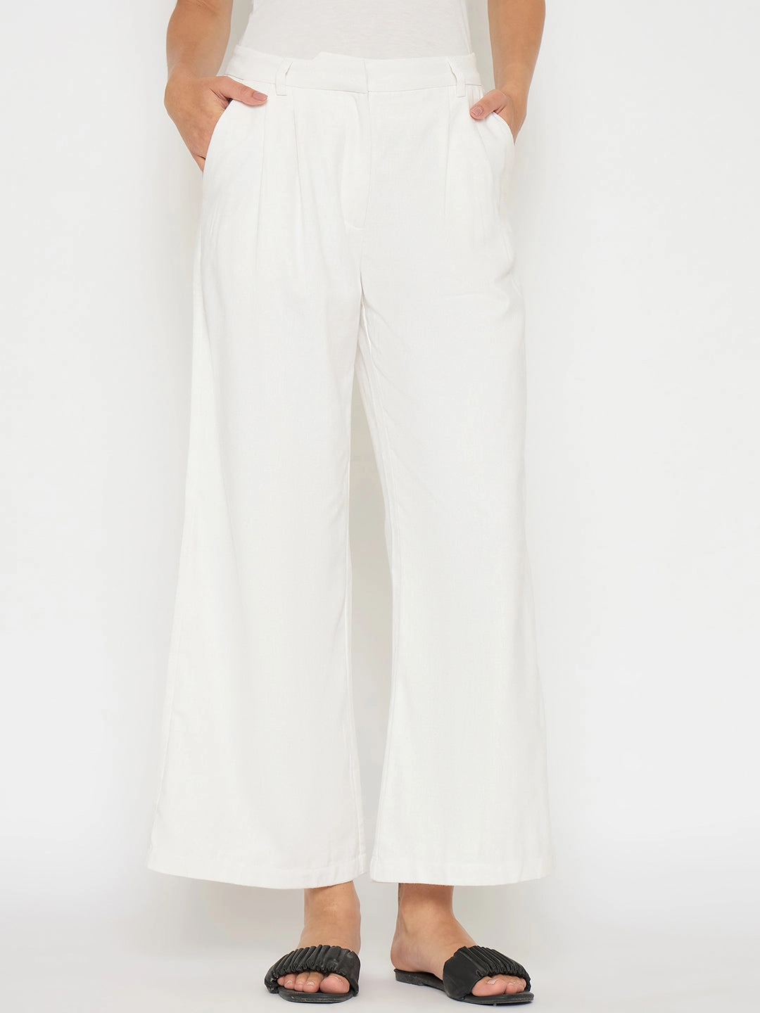 Madame Wide Leg White Rayon Blend Trousers Versatile Layering Piece