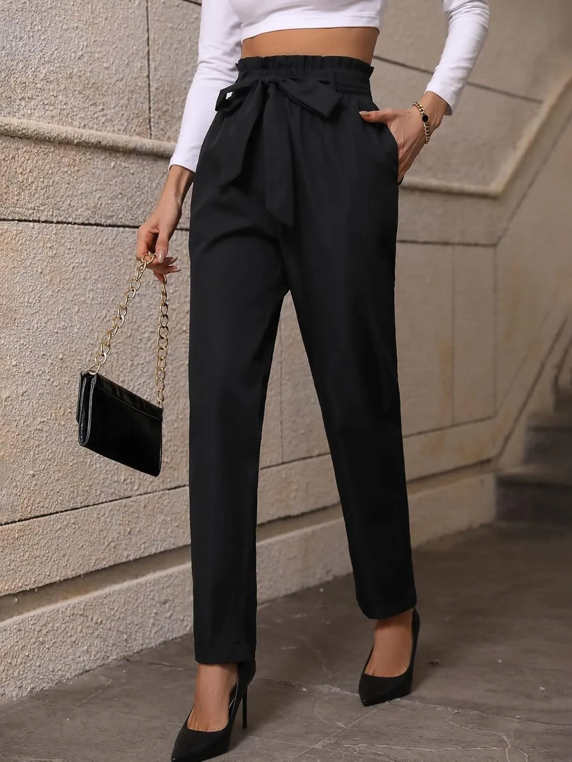 SweatyRocks Women's Flounce High Waist Elasticated Belted Elegant Pencil Pants Loose Fit Solid Work Suit Trousers