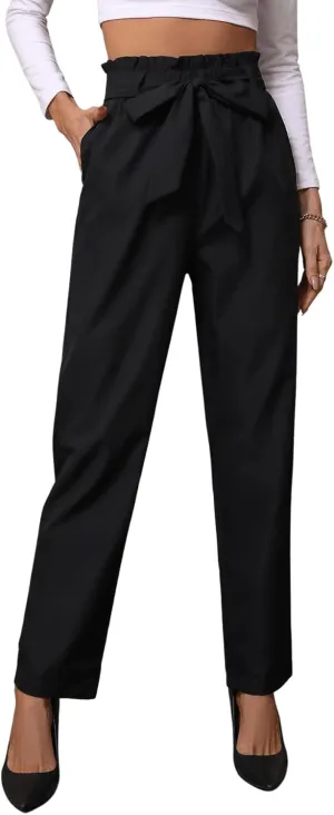 SweatyRocks Women's Flounce High Waist Elasticated Belted Elegant Pencil Pants Loose Fit Solid Work Suit Trousers