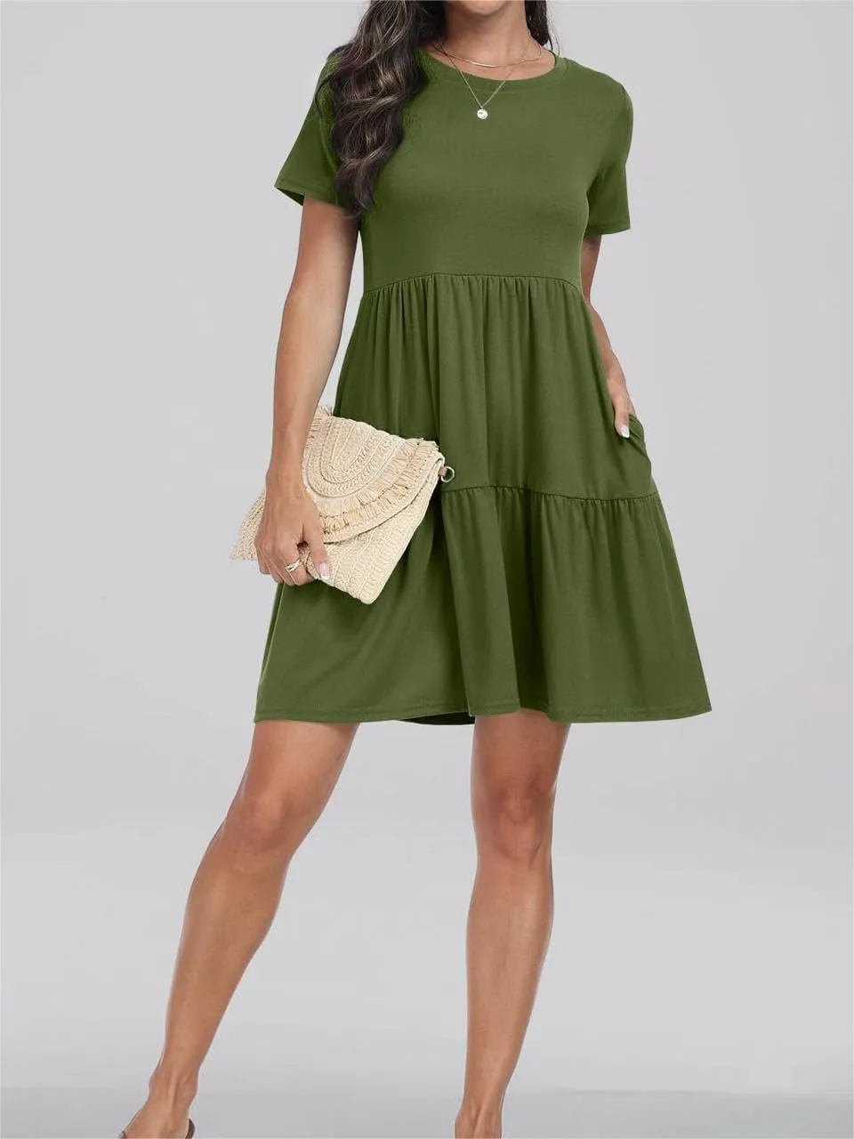 T Shirt Dress Women Summer Casual Short Sleeve Crewneck Mini Tshirt Dresses Loose Flowy Tiered Short Dress with Pockets