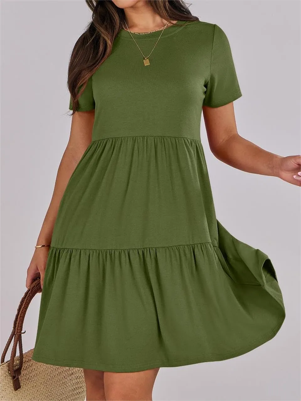 T Shirt Dress Women Summer Casual Short Sleeve Crewneck Mini Tshirt Dresses Loose Flowy Tiered Short Dress with Pockets