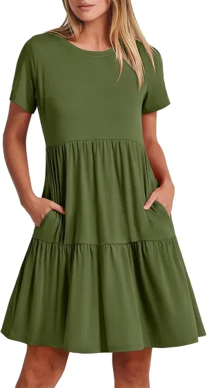 T Shirt Dress Women Summer Casual Short Sleeve Crewneck Mini Tshirt Dresses Loose Flowy Tiered Short Dress with Pockets