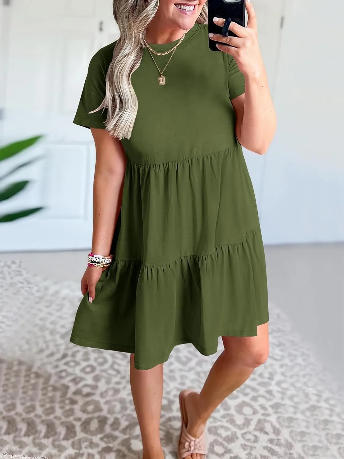 T Shirt Dress Women Summer Casual Short Sleeve Crewneck Mini Tshirt Dresses Loose Flowy Tiered Short Dress with Pockets