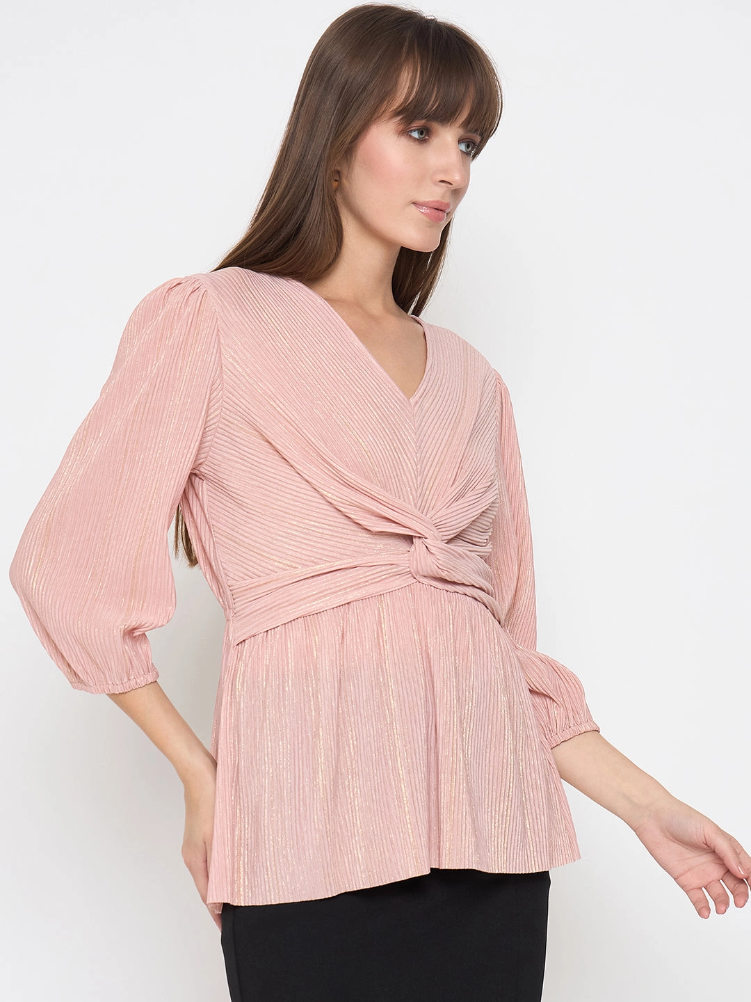 Anti Static Weave Technology FoamReinforcedCollar Madame Pliss Self Design Front Knot Peach Top