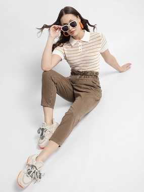 Slim Comfort Quick Layer Madame Orange Striped Polo Neck T-Shirt