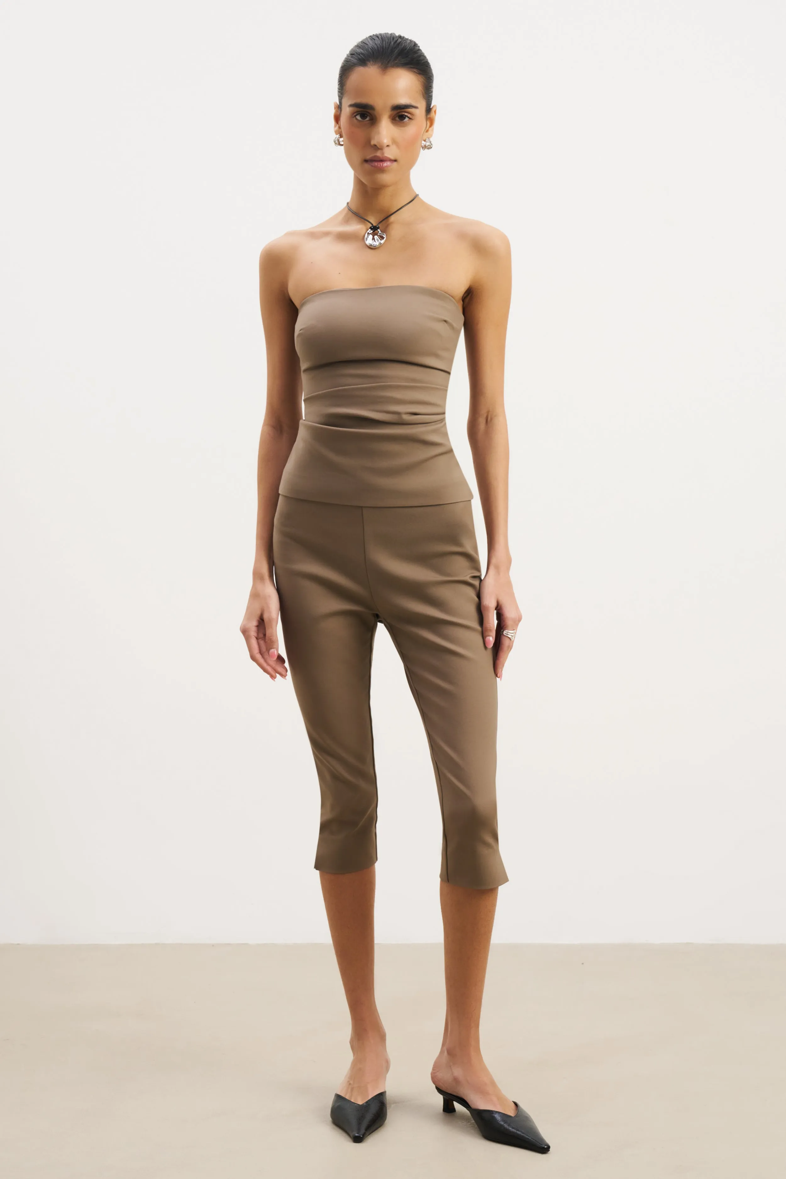 Yarn Dyed Pattern Cloth Tailored Ruched Bodice - Latte