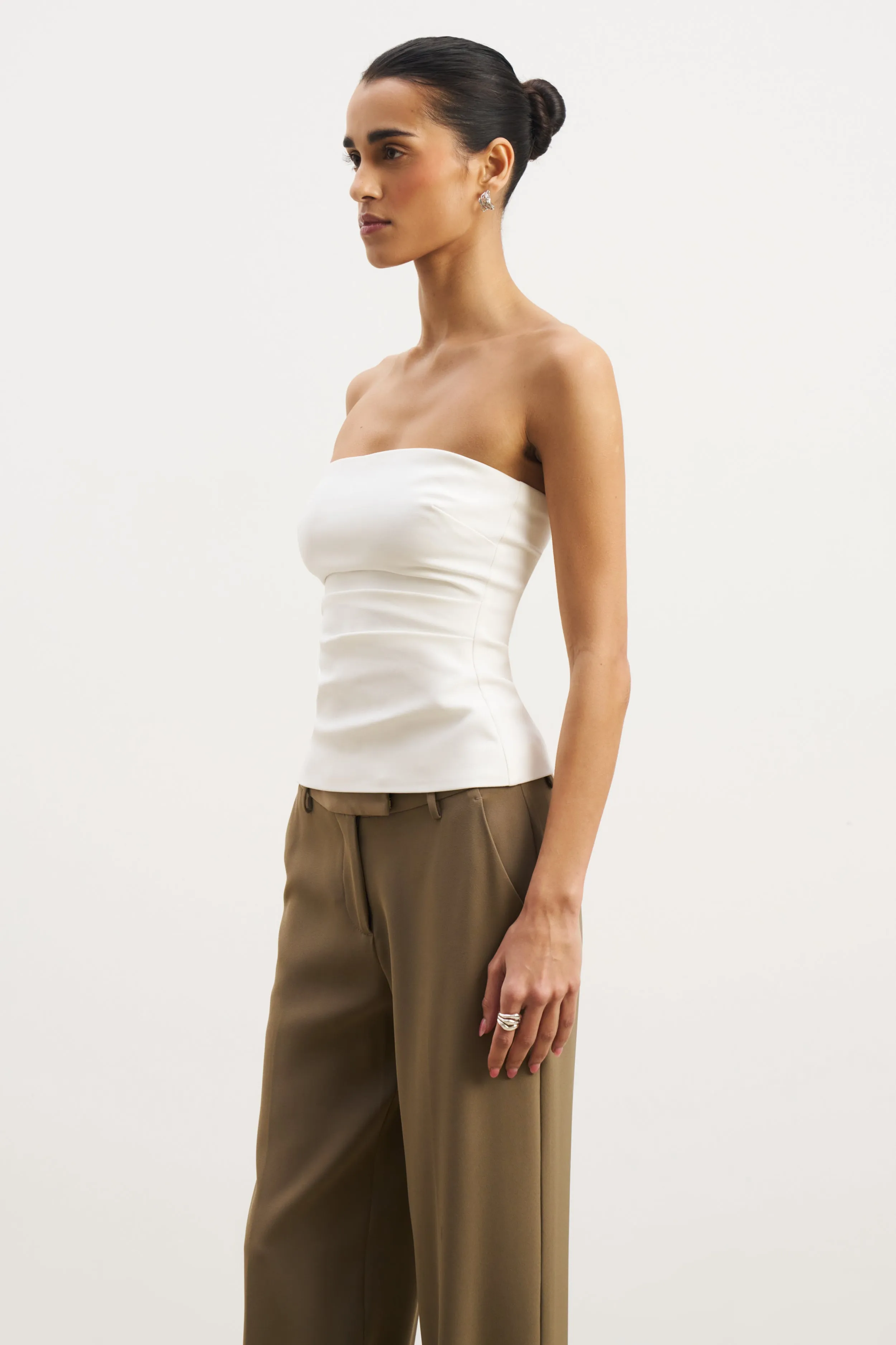 Tailored Ruched Bodice - White Recycled Polyester Wrinkle Resistant Treatment