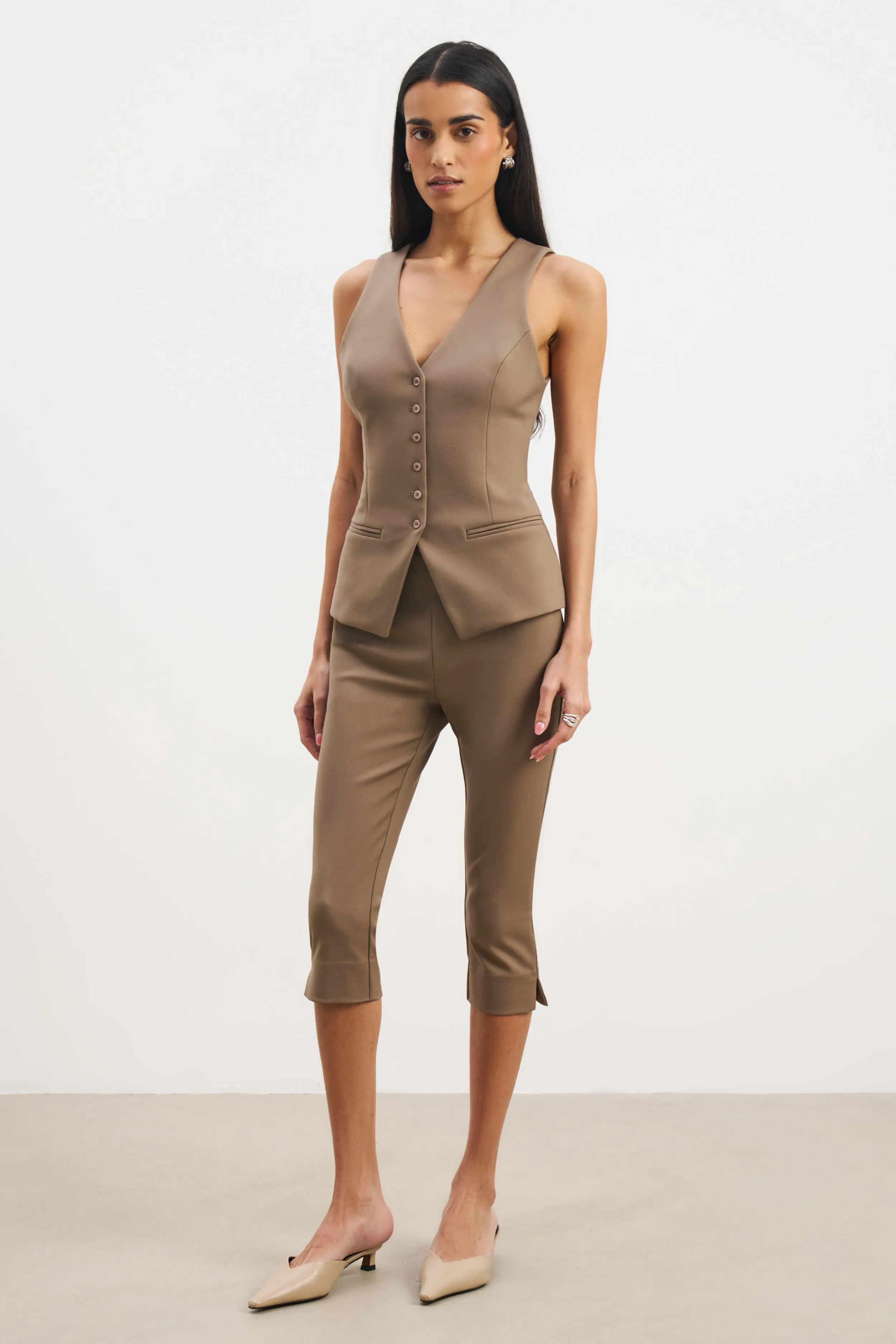 RibbedCuff DoubleStitching Tailored V-Neck Hourglass Waistcoat - Latte