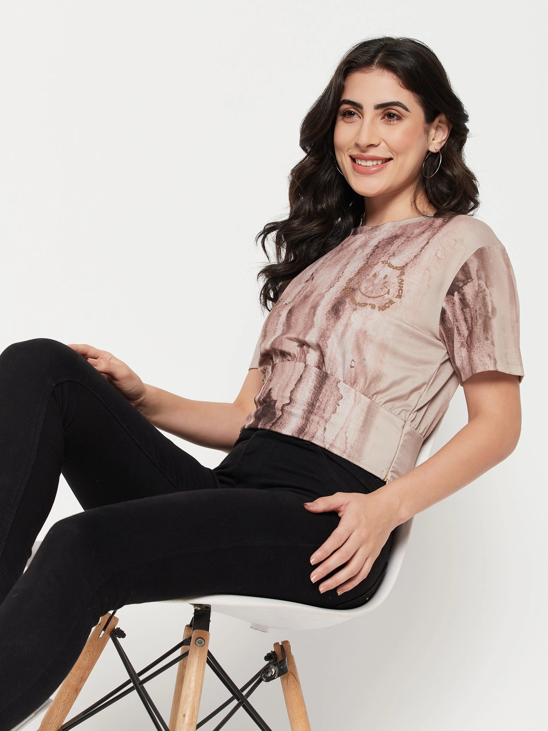YarnDye Technique Madame Beige Sublimation Print Peplum Top