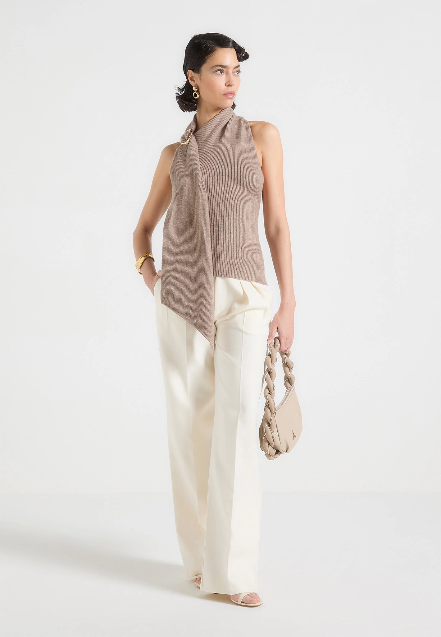 Elodie - Knitted Draped Halterneck Top - Taupe NonRestrictive Cuff