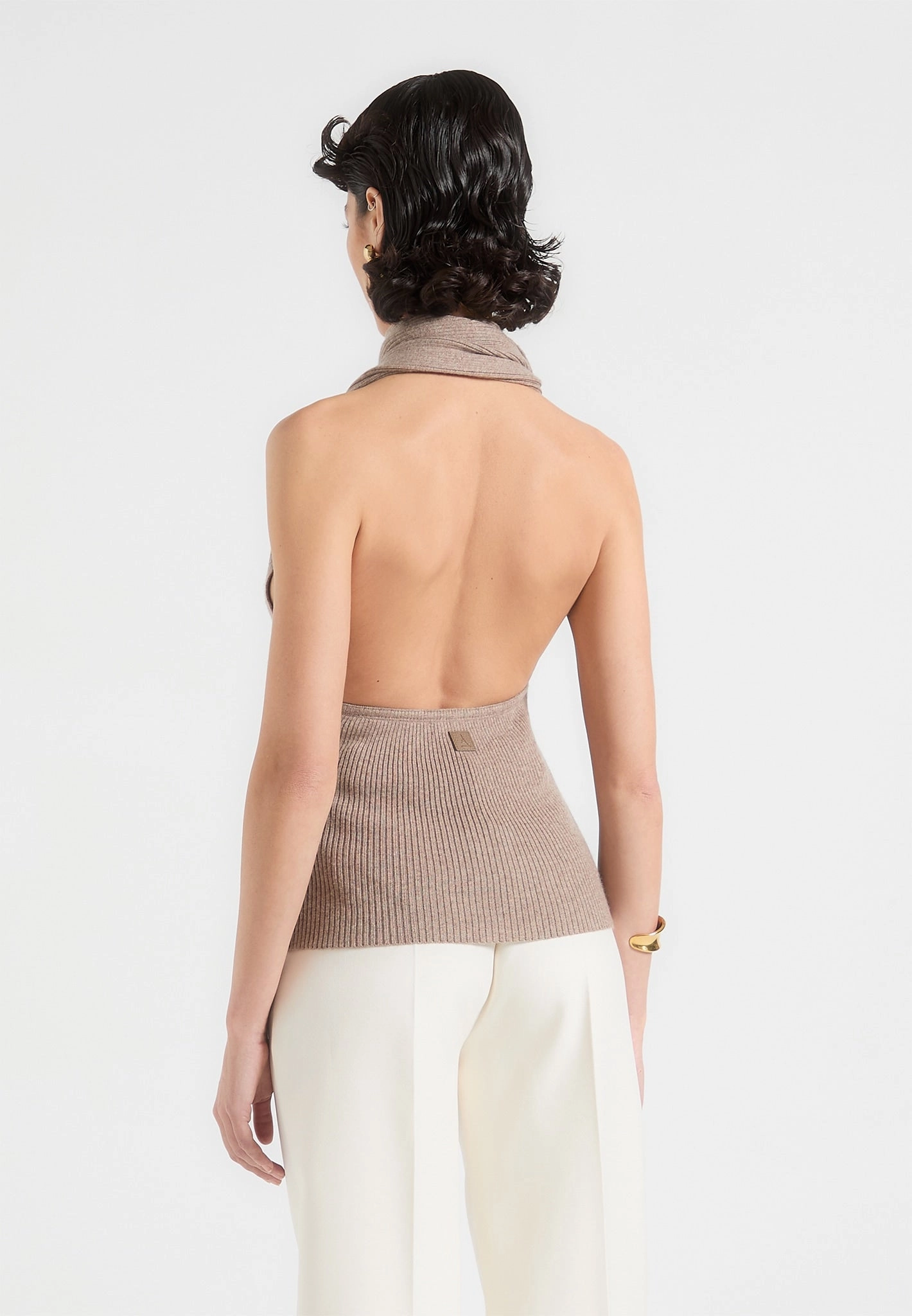 Elodie - Knitted Draped Halterneck Top - Taupe Anti Snag Fabric Street Comforted