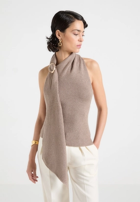 Sustainable Fibers Essential Comfort Elodie - Knitted Draped Halterneck Top - Taupe